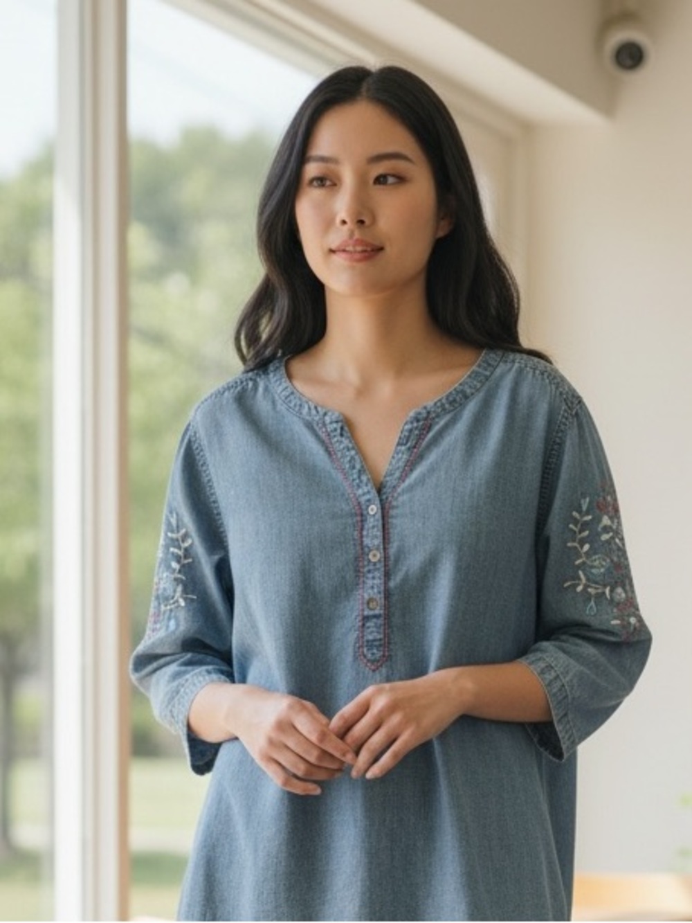 Chicos  Blue  Chambray Denim Tunic Top 
Embroidered Sleeves in size 2 (12-14)